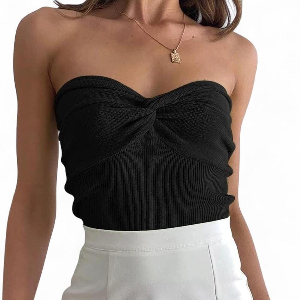 Black Ribbed Twist Front Tube Top Strapless Y2K Fitted Crop